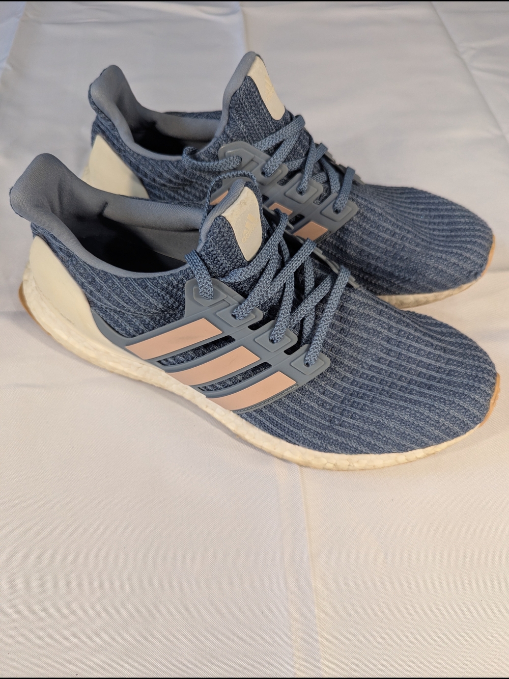 adidas Ultraboost Denim Blue Knit Sneakers with Pale Pink Stripes